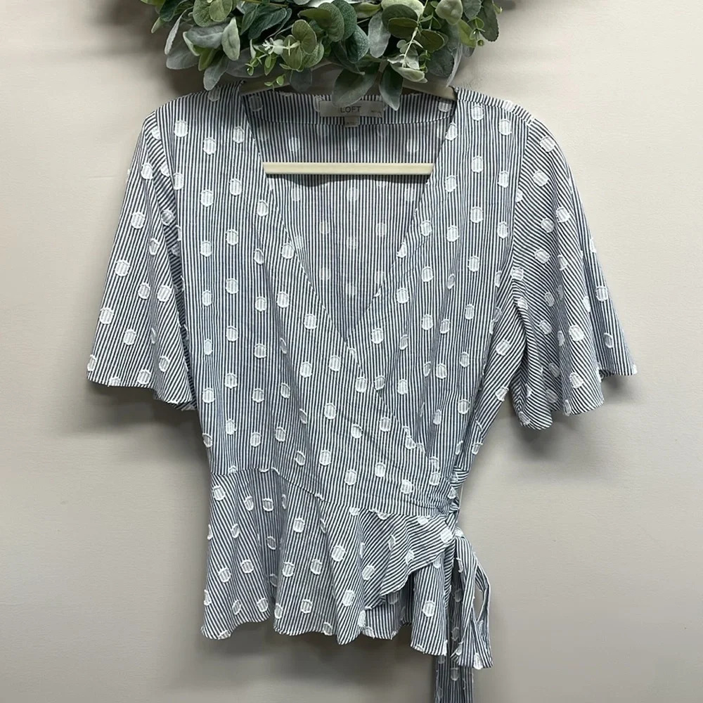 LOFT Blue White Striped Dot Flutter Sleeve Wrap Blouse LP
